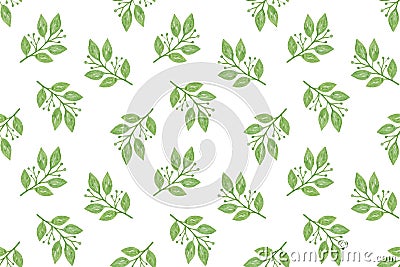 Watercolor green fancy leaves repeat pattern on the white background, seasonal illustration Cartoon Illustration