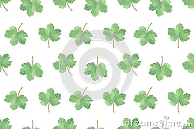 Watercolor green fancy leaves repeat pattern on the white background, seasonal illustration Cartoon Illustration