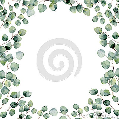 Watercolor green floral frame card with eucalyptus round leaves. Stock Photo