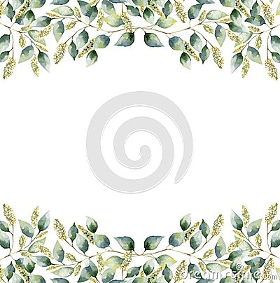 Watercolor green floral frame card with seeded eucalyptus leaves. Hand painted border with branches and leaves of Stock Photo
