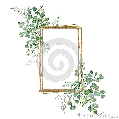 Watercolor green floral frame with eucalyptus leaves and branches on golden frame. Bridal shower card, baby nursery decor Stock Photo