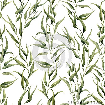 Watercolor green floral seamless pattern with eucalyptus leaves. Hand painted pattern with branches and leaves of Stock Photo