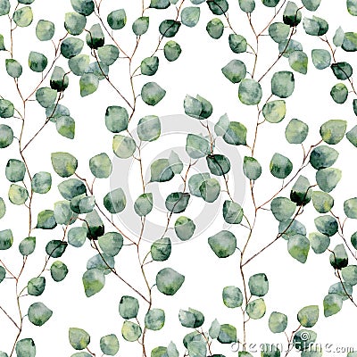 Watercolor green floral seamless pattern with eucalyptus round leaves Stock Photo