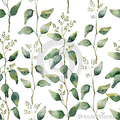 Watercolor green floral seamless pattern with flowering eucalyptus. Stock Photo