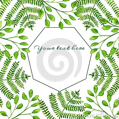 Watercolor green forest fern and eucalyptus leaves frame. Hand drawn square botanical herbal template with plants for invitation, Stock Photo