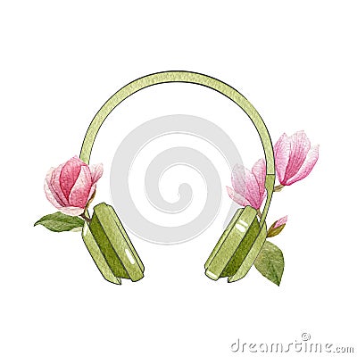 Watercolor green headphones with magnolia flowers. Spring bright illustration isolated on white background. Music hand drawn logo. Cartoon Illustration