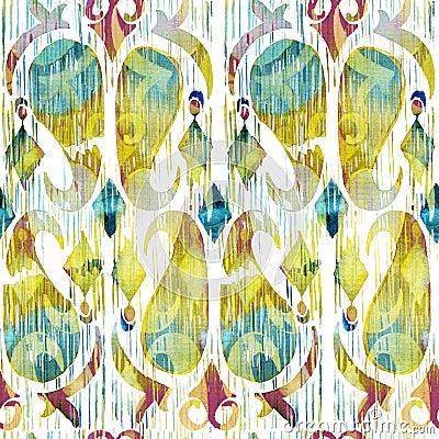 Watercolor green ikat vibrant seamless pattern. Trendy tribal in watercolour style. Peacock feather. Stock Photo