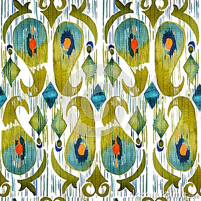 Watercolor green ikat vibrant seamless pattern. Trendy tribal in watercolour style. Peacock feather. Stock Photo