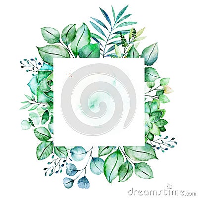 Leafy frame border with succulent plants,palm leaves,branches Cartoon Illustration