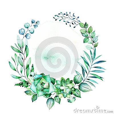 Wreath with succulent plants,palm leaves,branches. Cartoon Illustration