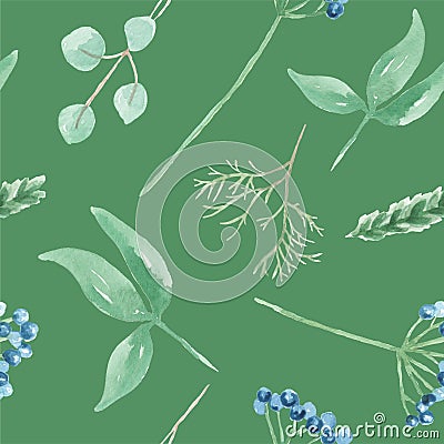 Watercolor Green Leaves Blue Berries Winter Seamless Pattern Repeat Stock Photo