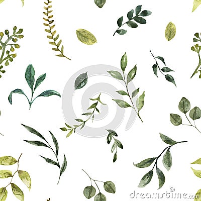 Watercolor greenery and leaf seamless pattern. Summer botanical print with hand drawn fresh forest herbs, leaves, foliage on white Cartoon Illustration