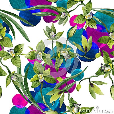 Watercolor green orchid flowers. Floral botanical flower. Seamless background pattern. Stock Photo