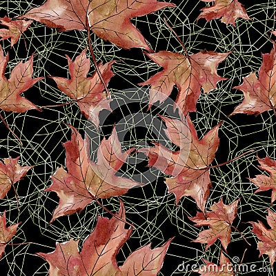 Watercolor green and red maple leaves. Leaf plant botanical garden floral foliage. Seamless background pattern. Stock Photo