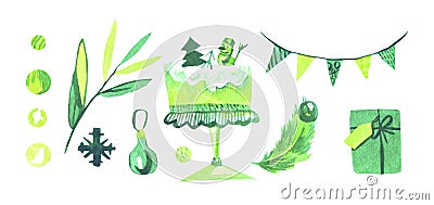 A watercolor green set of illustrations for Christmas.Collection of pictures with eucalyptus Cartoon Illustration