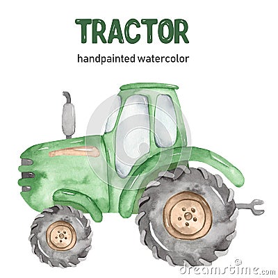 Watercolor green tractor clipart on white background Stock Photo