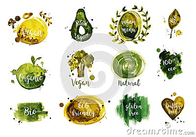 Watercolor green vegan badges and logos. Vegan food, eco, raw vegan, natural, bio, vegetarian food Stock Photo