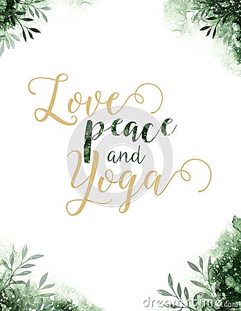 Watercolor greenery color backgraund poster yoga and love. green and gold paper texture with floral. Watercolor paper Cartoon Illustration