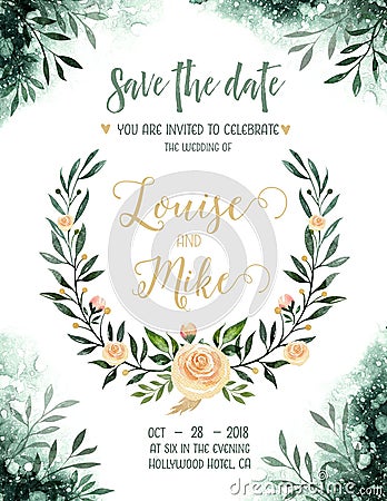 Watercolor greenery color wedding invitation card with green and gold elements. paper texture with floral and leaves Stock Photo