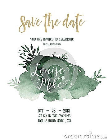 Watercolor greenery color wedding invitation card with green and gold elements. paper texture with floral and leaves Stock Photo