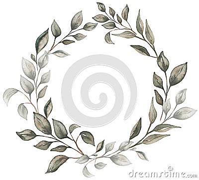 Watercolor Greenery Frame illustration, Gray leaves Wreath clipart, Branch, petal border, Wedding invitation, Bridal Shower Cartoon Illustration