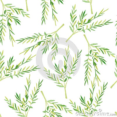Watercolor greenery plants seamless pattern. Green floral kids forest background for the wrapping paper, textile fabric, wallpaper Stock Photo