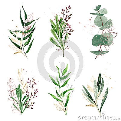 Watercolor greenery set decorated with foiled plants and spots Vector Illustration