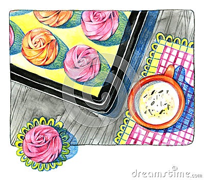 Watercolor greeting card. Cup and sweets, marshmallow, meringue. ooking recipe. Stock Photo