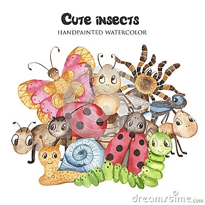 Watercolor greeting card with cute cartoon insects. Stock Photo