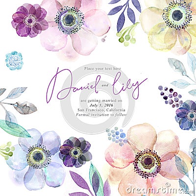 Watercolor greeting card flowers. Handmade. Congratulations background. Flowers card Stock Photo