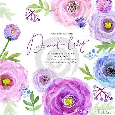 Watercolor greeting card flowers. Handmade. Congratulations background. Flowers card Stock Photo