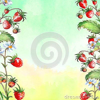 Watercolor greeting card, invitation with a plant strawberry. Blossoming bush with a red berry and flower. Stock Photo