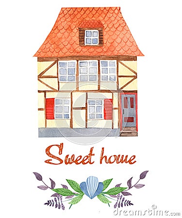 Watercolor greeting card sweet home. Half-timbered house, flowers, branches. Stock Photo