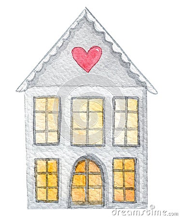 Watercolor grey house with heart and yellow windows on white background Stock Photo