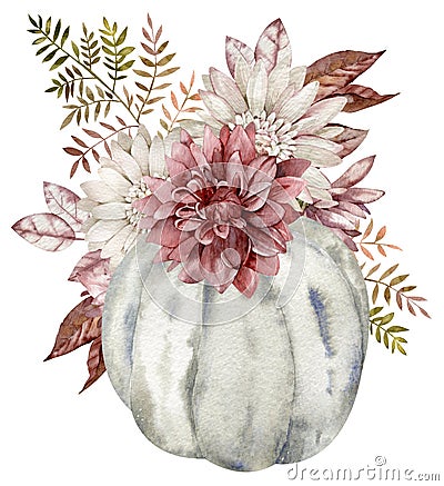 Watercolor grey pumpkin decorated with fall flowers, autumn leaves. Beautiful floral pumpkin arrangement. Stock Photo