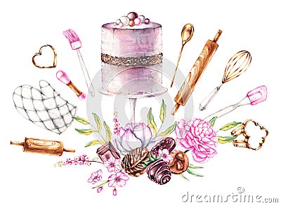 Watercolor group of desserts, bakery tools, flowers on a white background Stock Photo