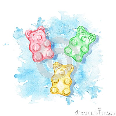 Watercolor gummy bears on blue stain background Cartoon Illustration