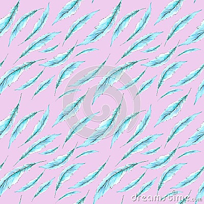 Watercolor had drawn seamless kawaii cute nice pink blue turquoise boho feather bird wing patter Stock Photo
