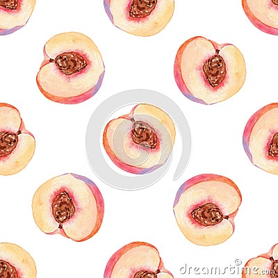Watercolor half peach seamless pattern on white Stock Photo