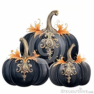 Watercolor halloween black Victorian pumpkin. Autumn dark decor. Colored decorated pumpkins, black and orange pumpkin Stock Photo