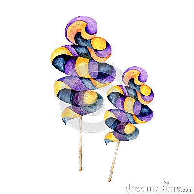 Watercolor halloween candies. Scary lolly pops for halloween decoration, violet, orange and black stripes candies Stock Photo