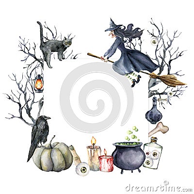 Watercolor halloween card with witch and crow. Hand painted holiday template with pumpkins, tree, cat, lantern and Stock Photo