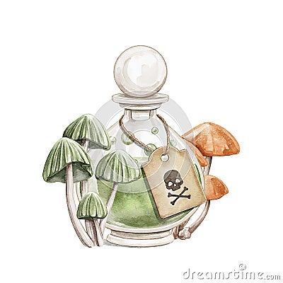 Watercolor halloween cute bottle of green witch poison and toadstool mushrooms Cartoon Illustration