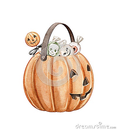 Watercolor halloween cute bucket pumpkin with sweet candies Cartoon Illustration