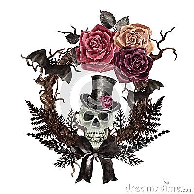 Watercolor Halloween frame with watercolor creepy skull in top hat, dark burgundy roses, bats, dead tree branches on white Cartoon Illustration