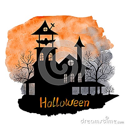 Watercolor Halloween house and trees silhouette vintage greeting Stock Photo