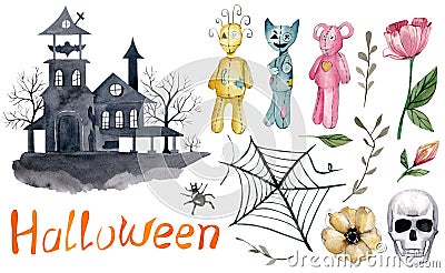 Watercolor Halloween illustartion. Icons set party isolated on white backgrounds for postcard, greeting card, invintaion Stock Photo