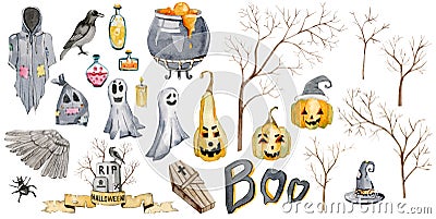 Watercolor Halloween illustartion set. Icons party isolated on white backgrounds for postcard, greeting card, invintaion Stock Photo