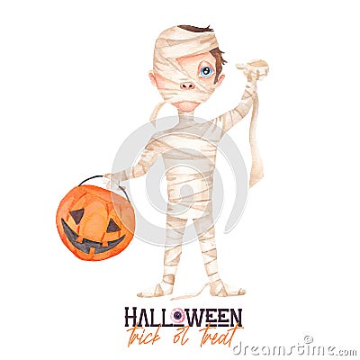 Watercolor Halloween illustration with cute boy dressed in Mummy. a child with a candy basket in the form of a Jack-o`-lantern. Cartoon Illustration