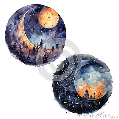 Watercolor halloween landscape, cosmos astronomy, graphic, grunge, white galaxy sky Stock Photo